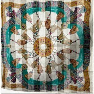 Vintage Celine 18x18 Scarf Maximalist Tassel Gem Print Artsy Cotton Luxury